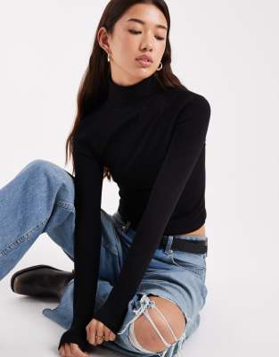 Asos Design Jersey Long Sleeve Roll Neck Top In Black