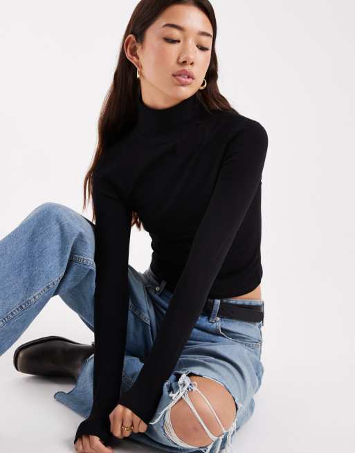 ASOS DESIGN jersey long sleeve roll neck top in black, 2 of 4