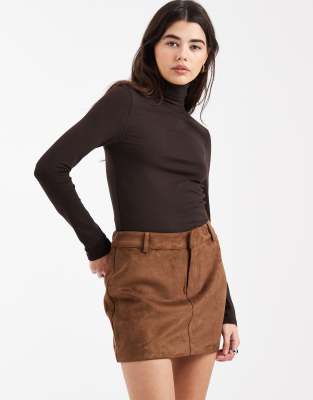 Asos Design Jersey Long Sleeve Roll Neck Top In Brown