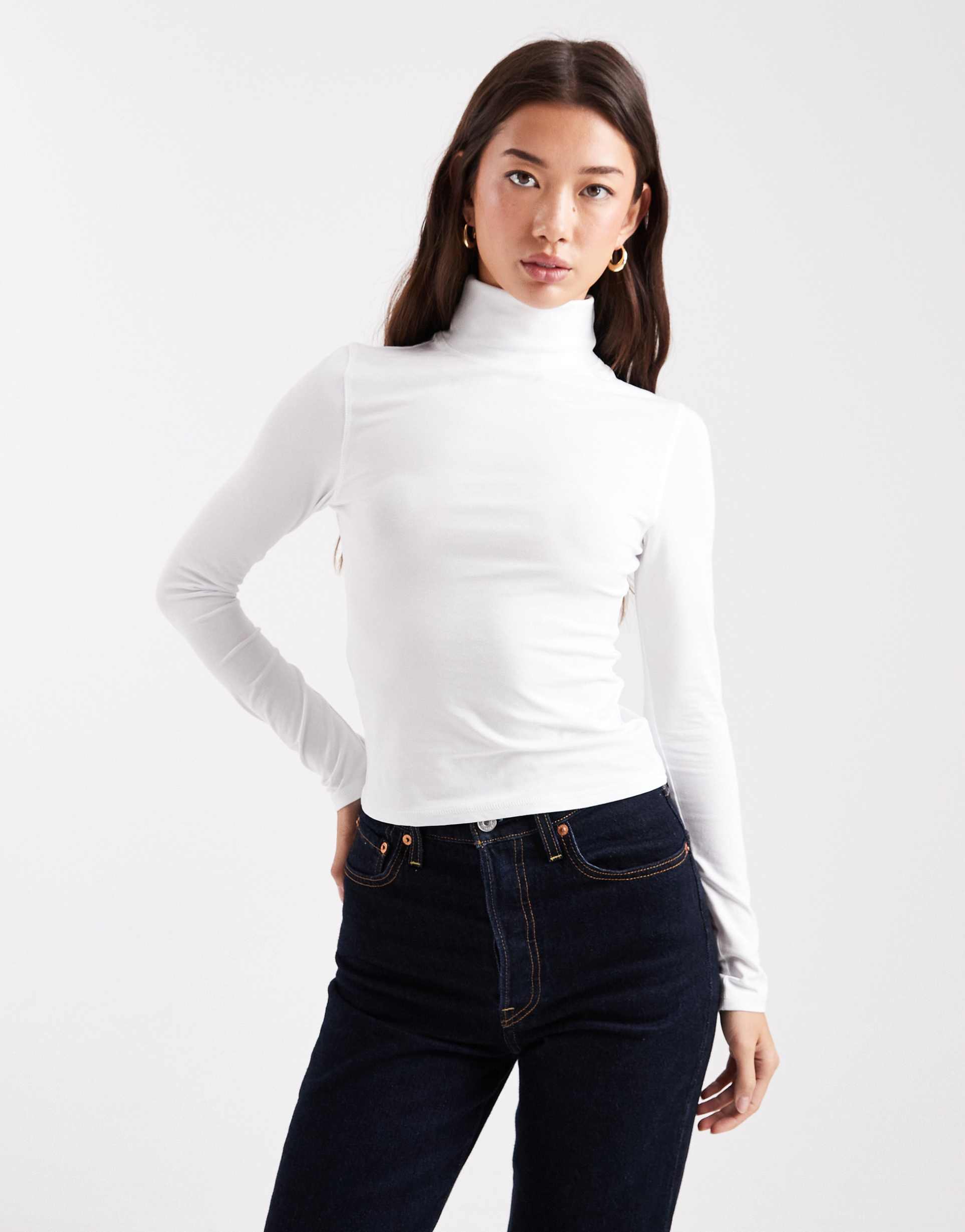 asos design jersey long sleeve roll neck top in white