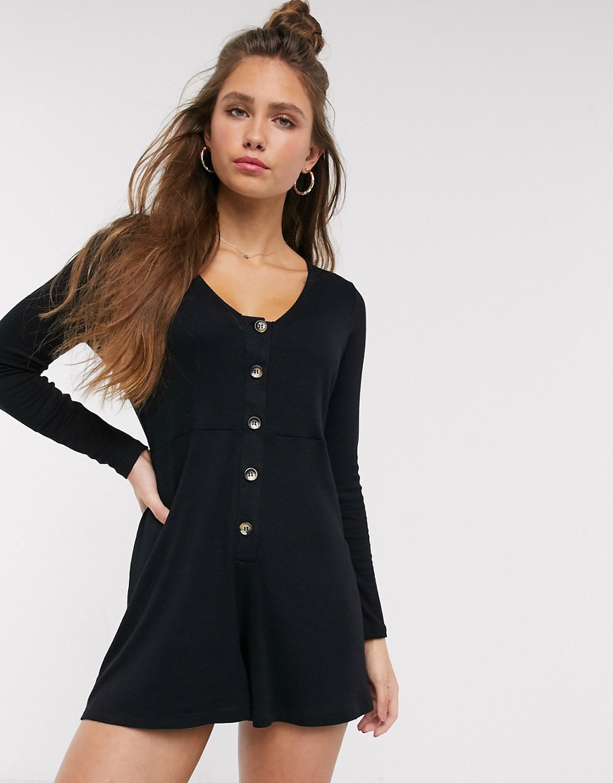 ASOS DESIGN jersey lounge slouchy rib romper with button front-Black