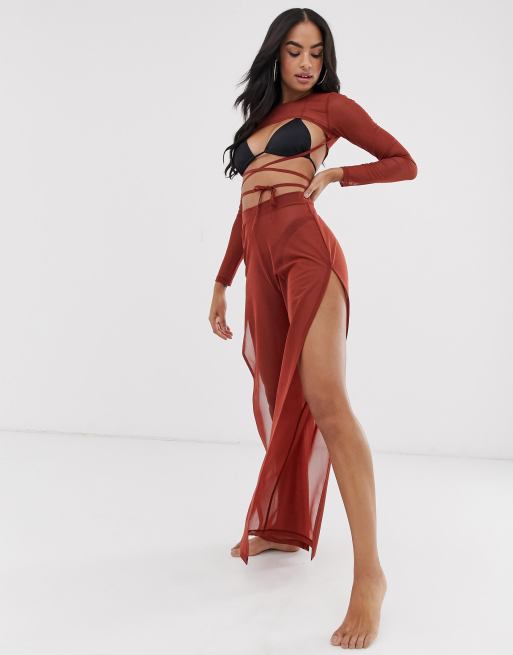 ASOS DESIGN brown jersey mesh beach super crop top with strappy waist co-ord, 2 of 2