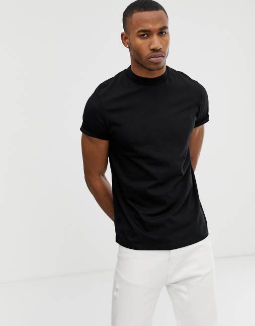ASOS DESIGN - Jersey met col en omgeslagen mouwen in zwart