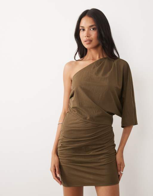ASOS DESIGN – Jersey-Minikleid in Leinenoptik in Khaki, 2 von 4