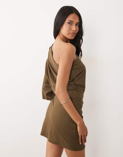 ASOS DESIGN – Jersey-Minikleid in Leinenoptik in Khaki, 3 von 4