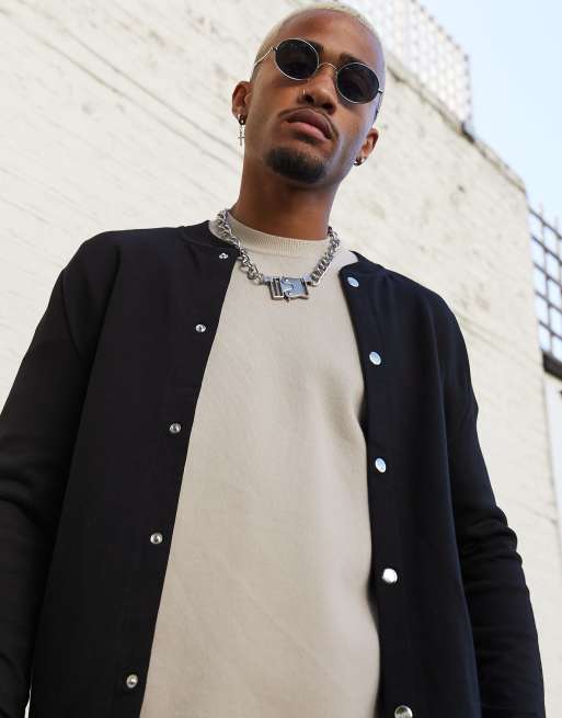 ASOS DESIGN jersey muscle bomber jacket in black with poppers