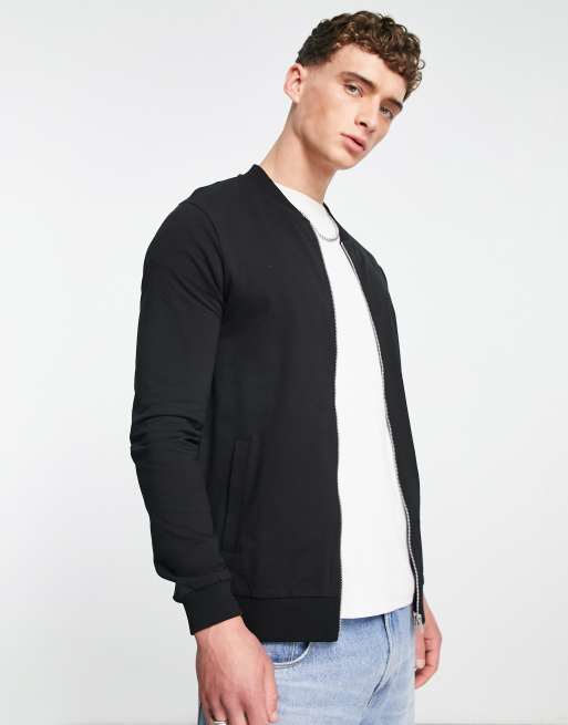 ASOS DESIGN jersey muscle bomber jacket in black | ASOS