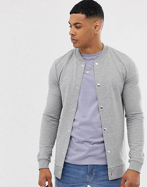 ASOS DESIGN jersey muscle bomber jacket in gray marl with poppers | ASOS