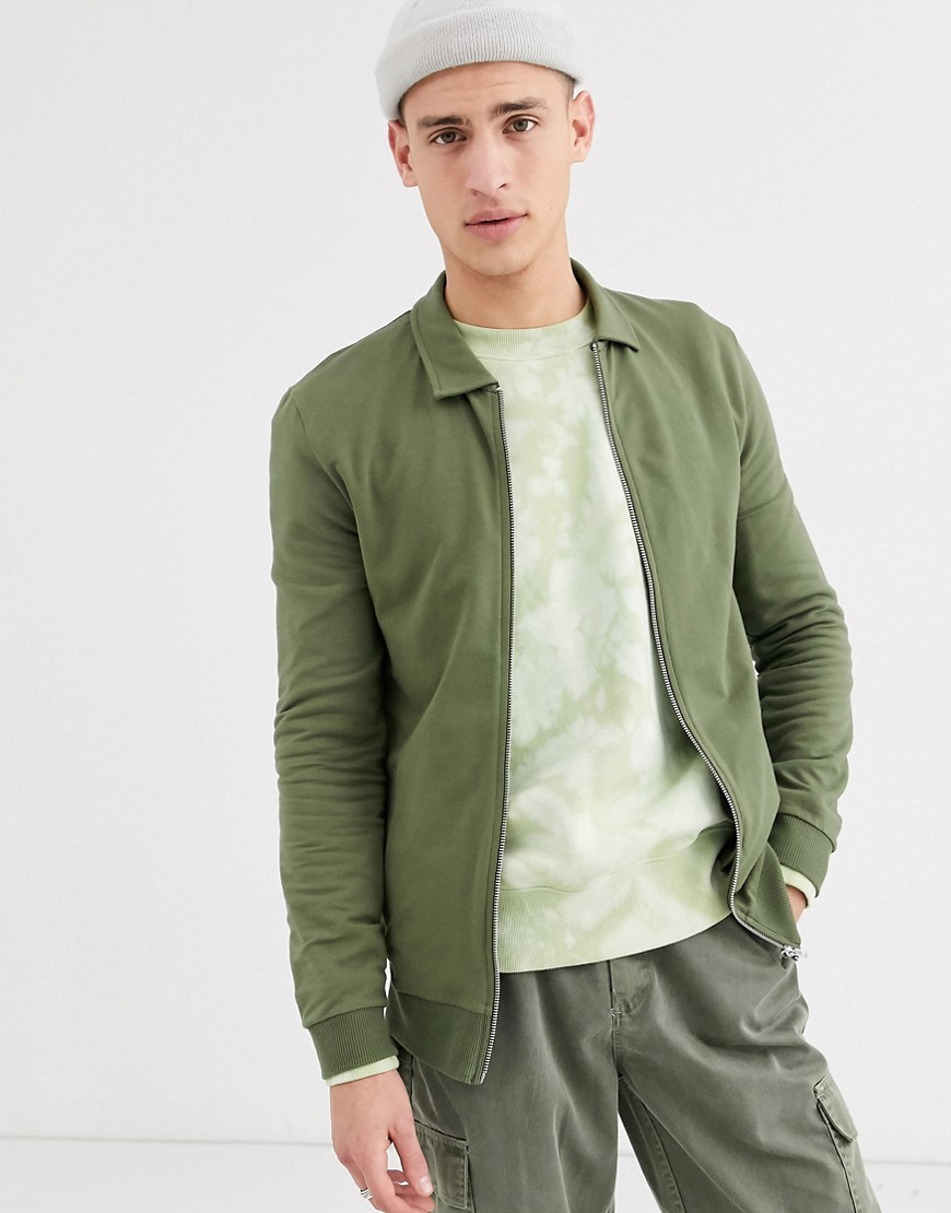 ASOS DESIGN jersey muscle harrington jacket in khaki-Green