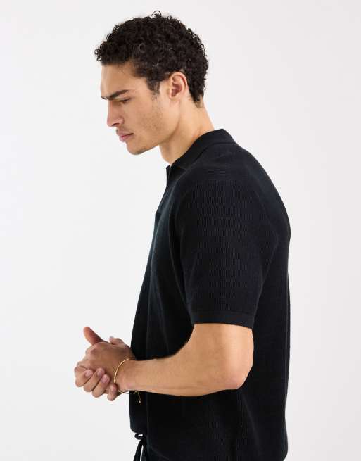 ASOS DESIGN - Jersey negro holgado con muesca en el cuello de punto de Airtex, 4 de 5