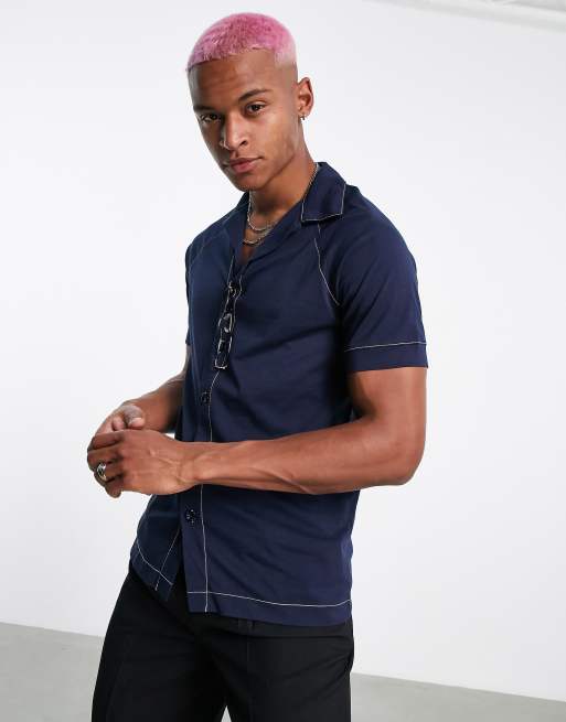 ASOS DESIGN - Jersey overhemd in marineblauw met contrasterende stiksels