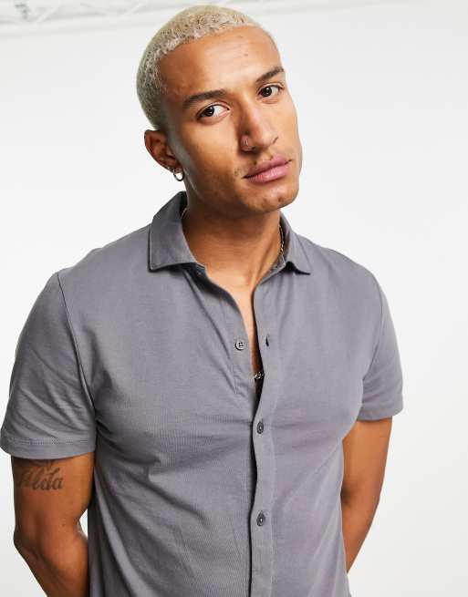 ASOS DESIGN - Jersey overhemd met knoopsluiting in zwarte wassing - BLACK
