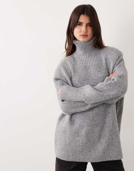 ASOS DESIGN - jersey oversize con hombreras y cuello alzado en gris jaspeado, 3 de 4