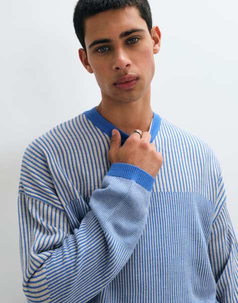 ASOS DESIGN - Jersey oversize de cuello redondo azul con canalé múltiple - view 1