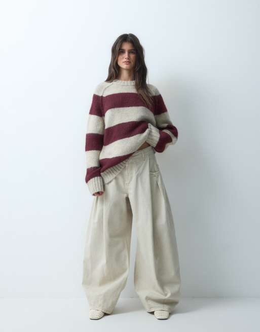 ASOS DESIGN - Jersey oversize de pelo suave a rayas burdeos y avena, 2 de 4