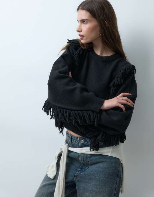 ASOS DESIGN jersey oversize de punto con detalle de flecos en negro, 3 de 4