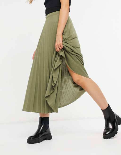 ASOS DESIGN jersey pleated midi skirt in khaki