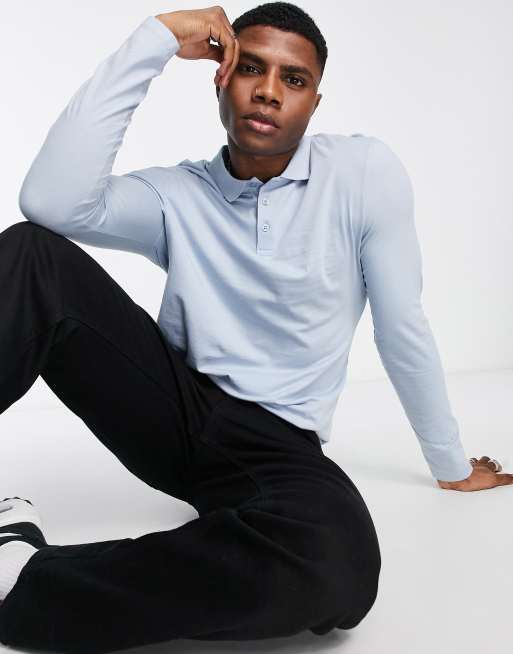 ASOS DESIGN - Jersey poloshirt met lange mouwen in blauw