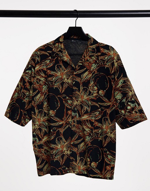 ASOS DESIGN jersey revere button through shirt in all over floral print