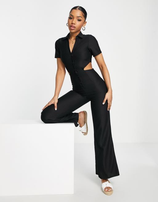 Black Rib Collar Detail Flare Leg Jumpsuit