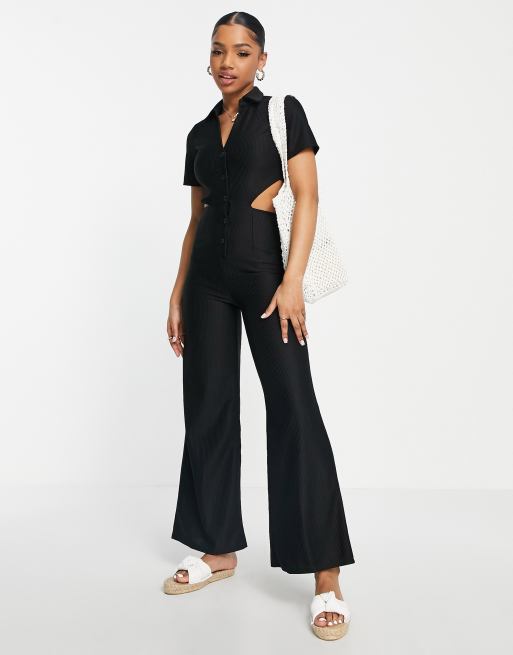 Black Rib Collar Detail Flare Leg Jumpsuit