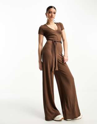 Asos Design Jersey Rib Wide Leg Jumpsuit With Short Sleeves In Brown