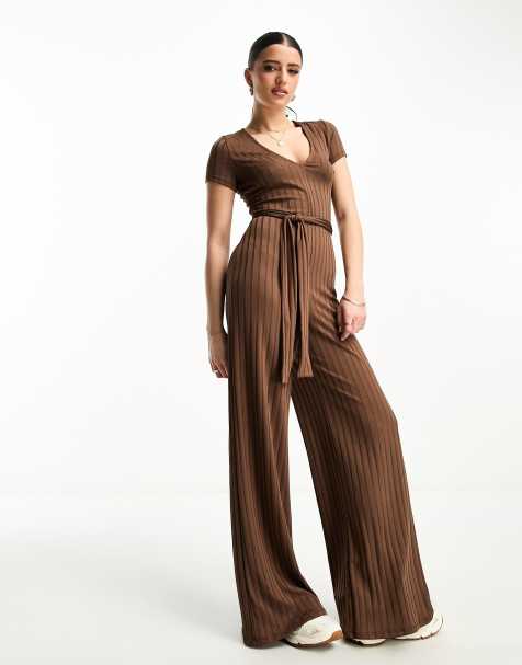 ASOS DESIGN jersey rib wide leg jumpsuit with short sleeves in brown - view 1