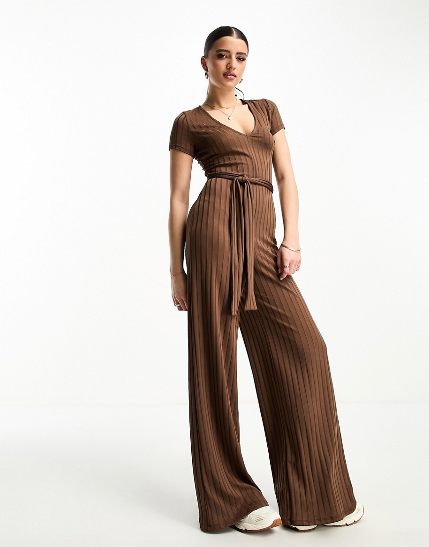 ASOS DESIGN jersey rib wide leg jumpsuit with short sleeves in brown