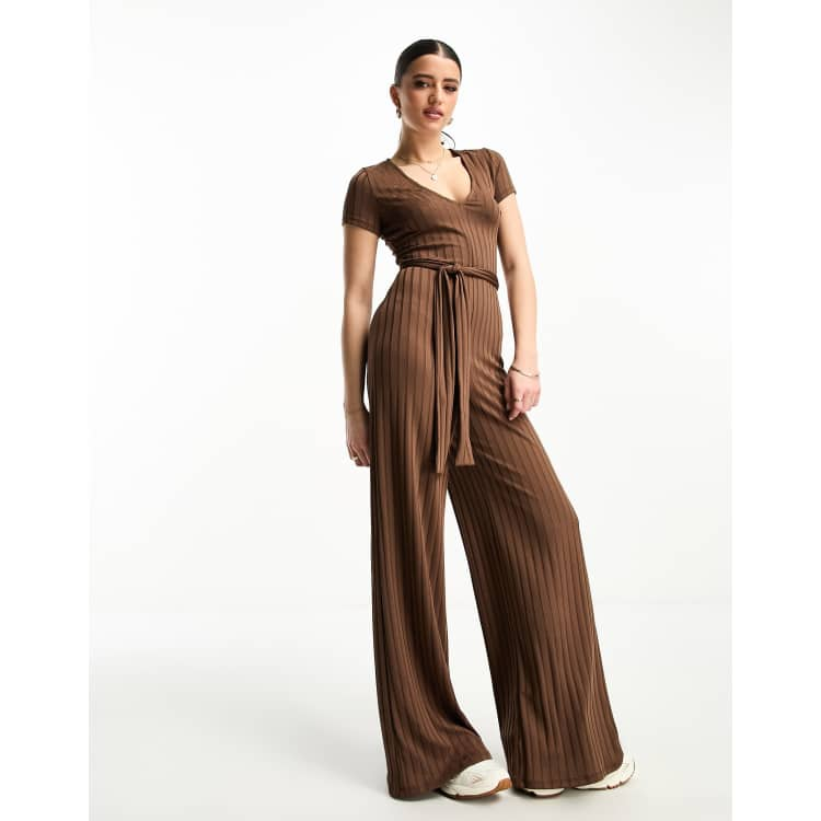 ASOS DESIGN jersey rib wide leg jumpsuit in khaki