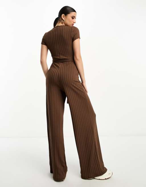 ASOS DESIGN jersey rib wide leg jumpsuit in khaki