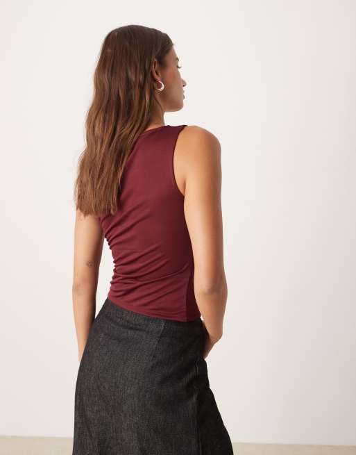 ASOS DESIGN jersey ruched detail tank top in burgundy, 4 of 4