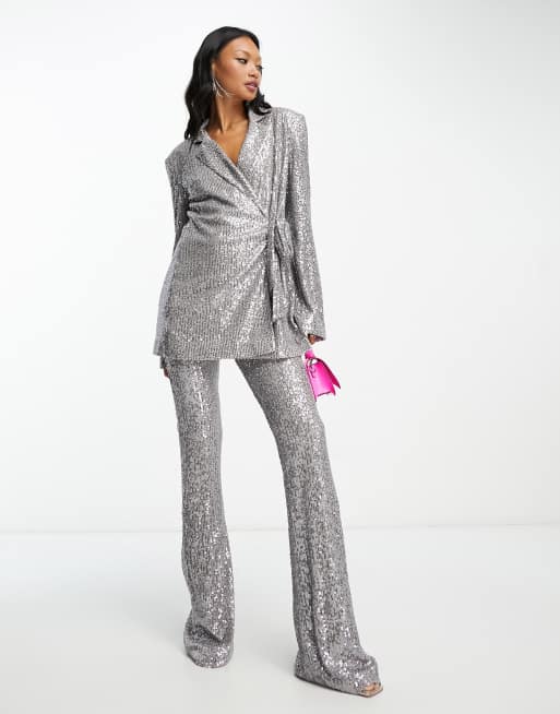 Glitter Blazer & Wide Leg Trouser Suit Set