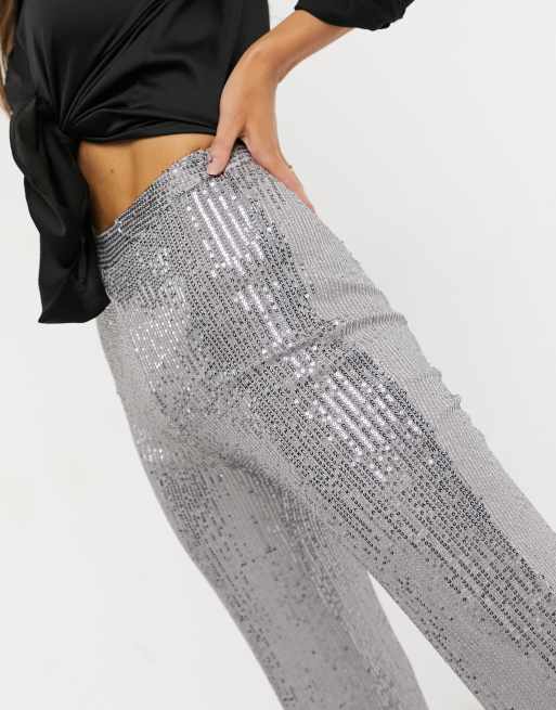 ASOS DESIGN jersey sequin wide leg suit pants in silver, 3 of 4