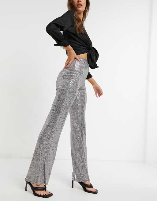 ASOS DESIGN jersey sequin wide leg suit pants in silver, 4 of 4