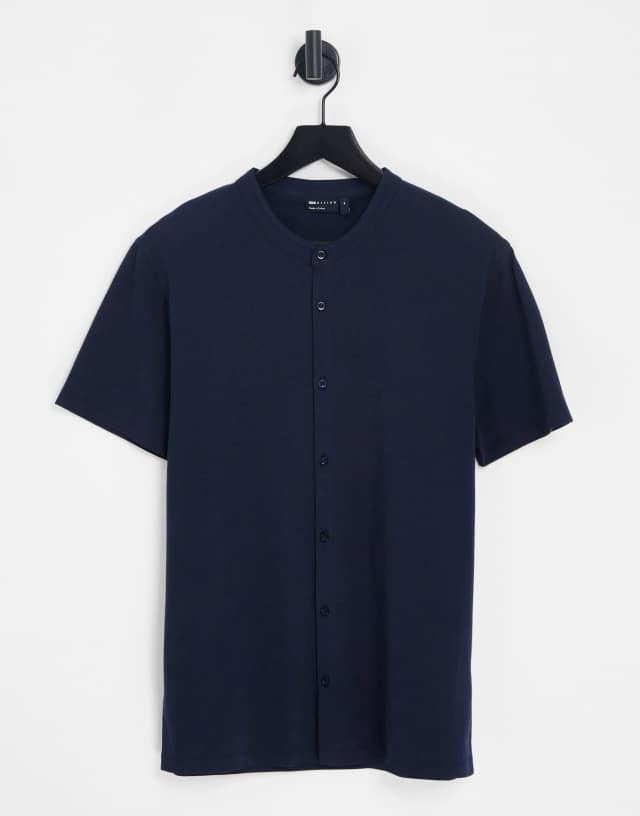 ASOS DESIGN jersey shirt with grandad collar in navy