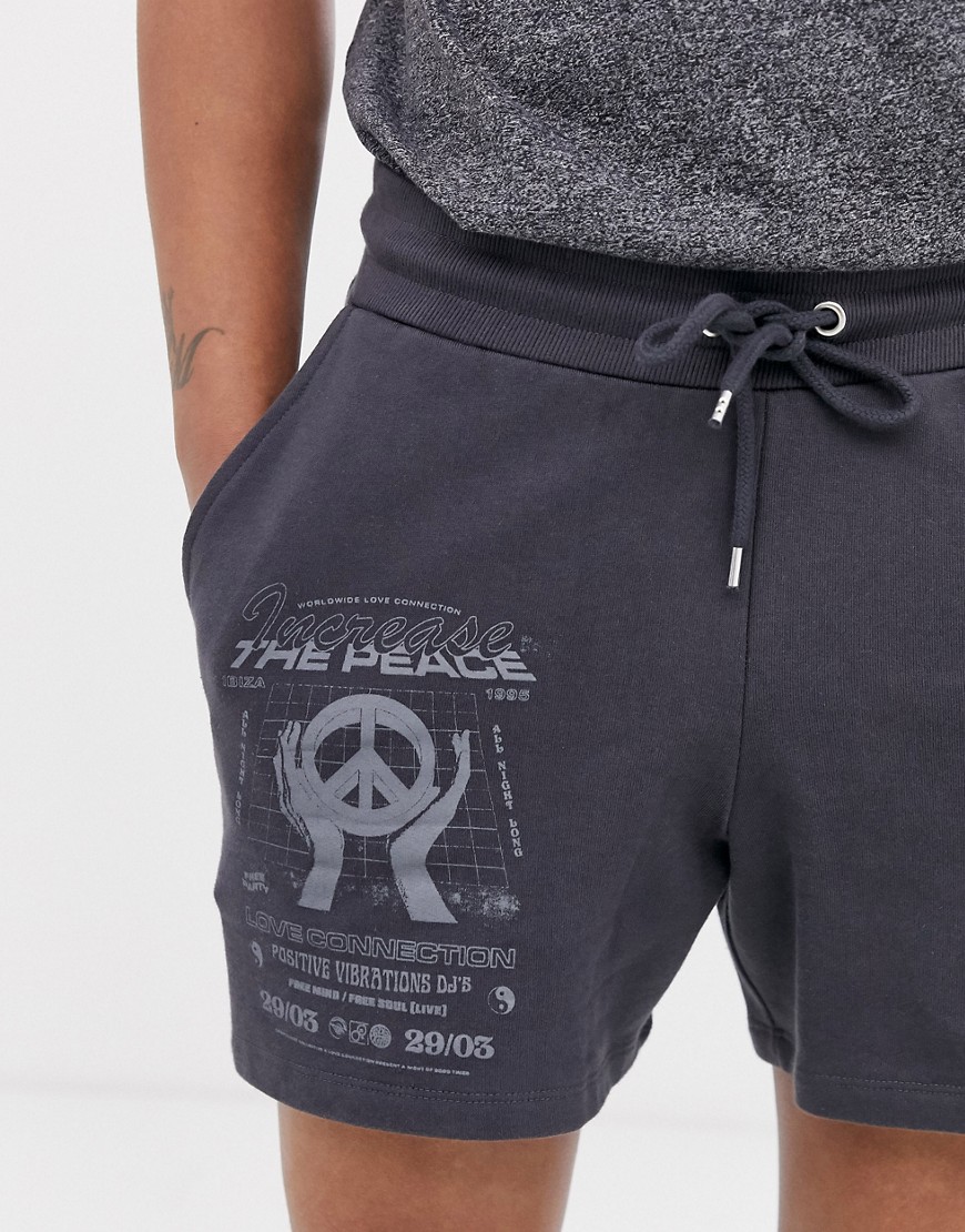 ASOS DESIGN jersey shorts in shorter length with increase the peace print-Gray