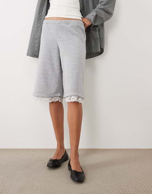 ASOS DESIGN jersey shorts with lace trim in grey, 2 of 5