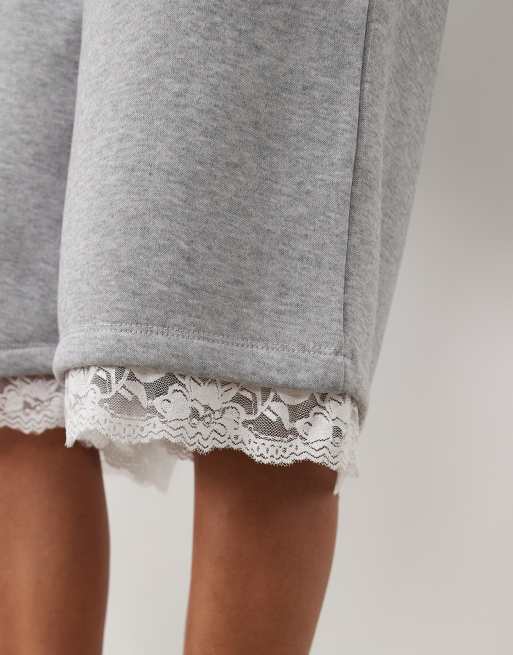 ASOS DESIGN jersey shorts with lace trim in grey, 3 of 5