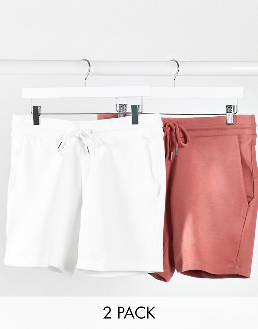 ASOS DESIGN jersey skinny shorts in shorter length 2 pack white/pink