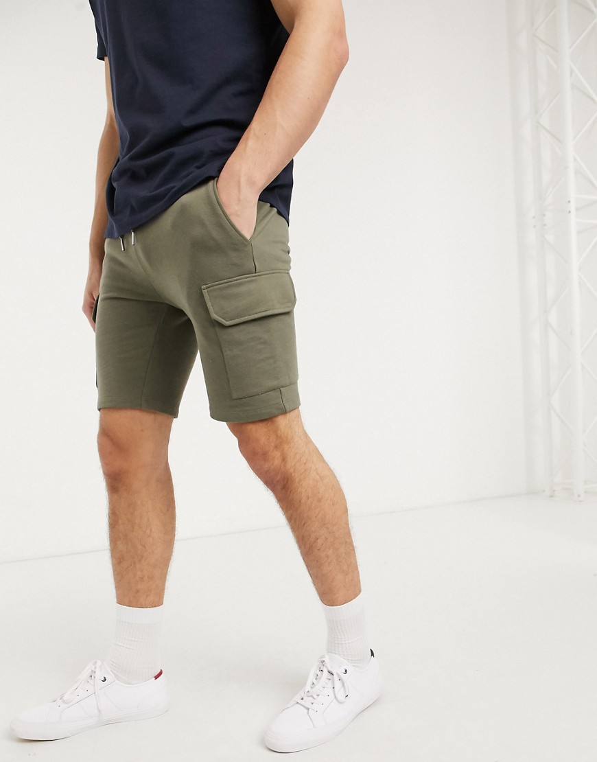 ASOS DESIGN jersey skinny shorts with cargo pockets in khaki-Green