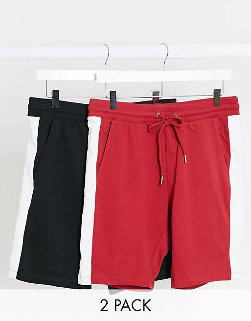 ASOS DESIGN jersey skinny shorts with side stripe 2 pack in black & red