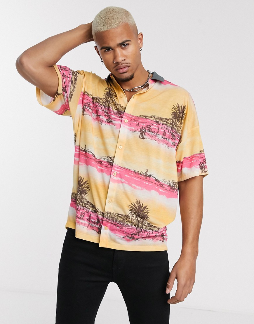 ASOS DESIGN – Jersey-skjorta i heltäckande mönster med oversize-passform-Flerfärgad