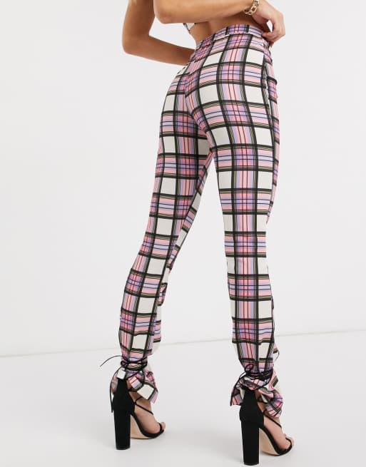 ASOS DESIGN jersey slim 3 piece suit trousers in sorbet check with kickflare, 2 of 4