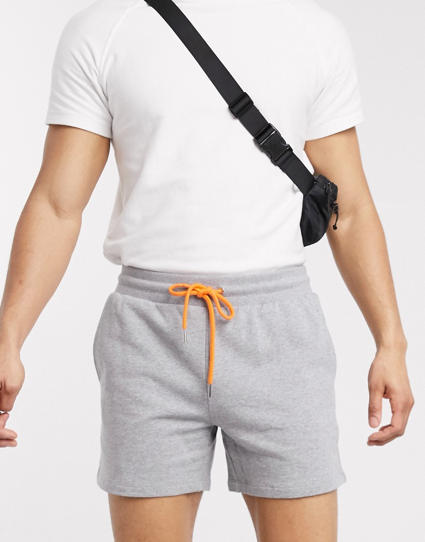ASOS DESIGN jersey slim shorts in grey marl with neon orange drawcords