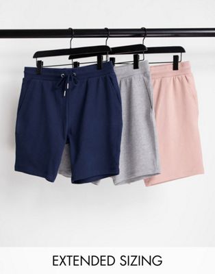 ASOS DESIGN jersey slim shorts in navy/pink/grey 3 pack