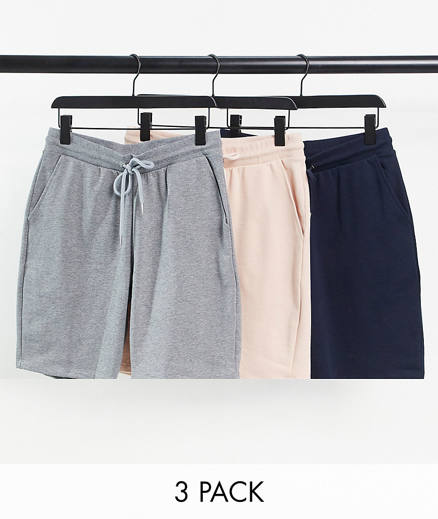 ASOS DESIGN jersey slim shorts in navy/pink/grey 3 pack-Multi
