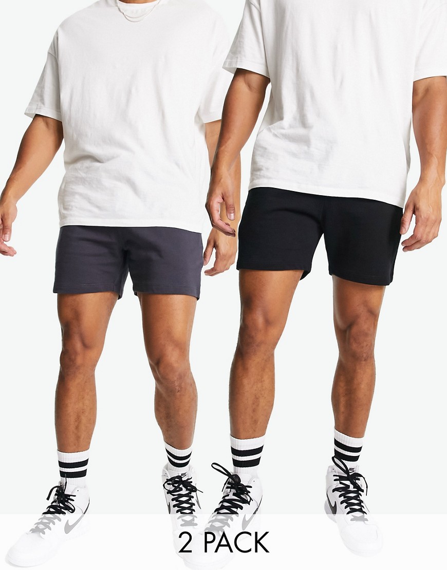 ASOS DESIGN jersey slim shorts shorter length in black/gray 2 pack-Multi