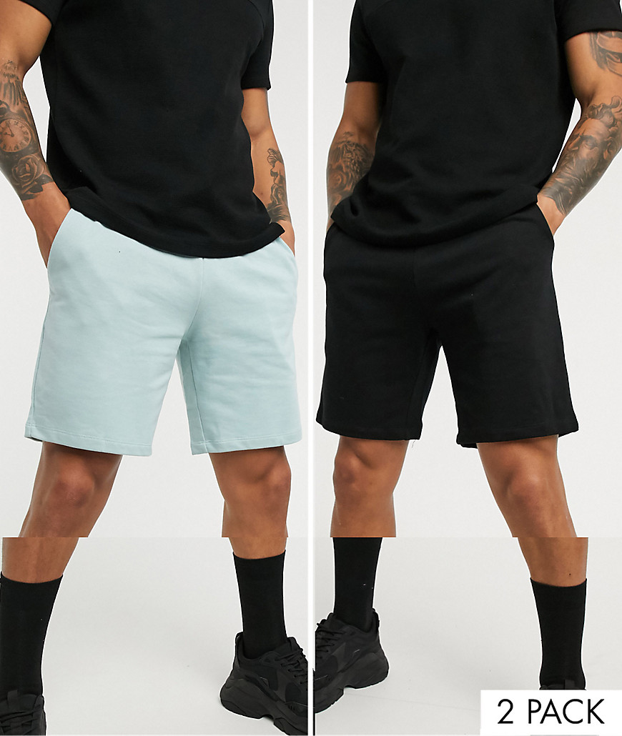 ASOS DESIGN jersey slim shorts with black drawstrings 2 pack black/light gray-Multi