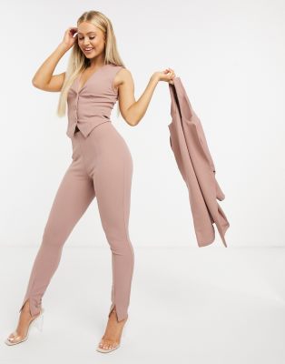 Asos Design Jersey Slim Split Front Suit Pants In Blush-pink In Pink