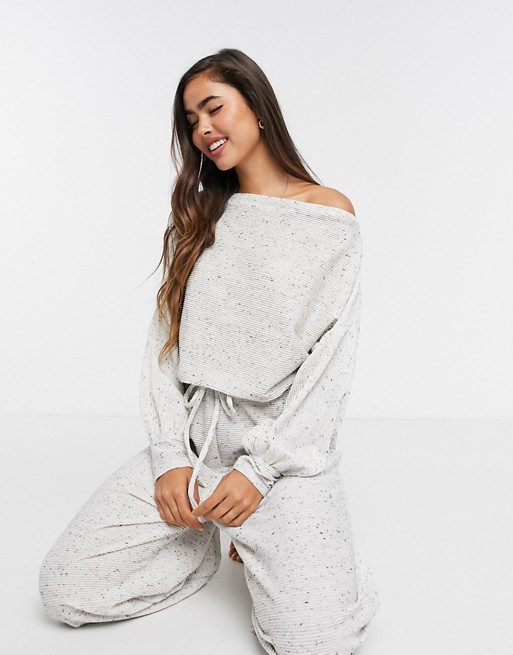 ASOS DESIGN lounge jersey slouchy off shoulder jumpsuit in grey rib